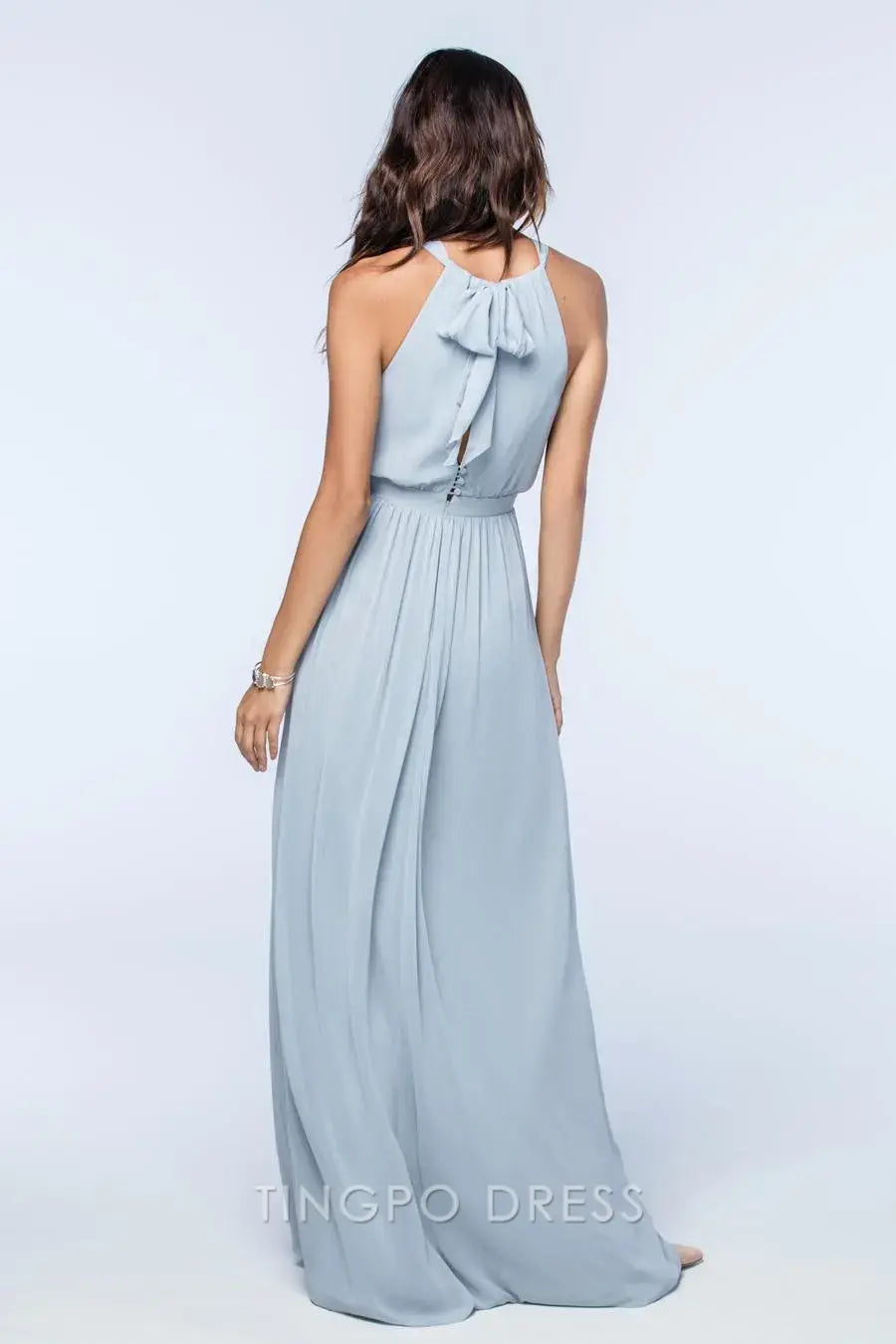 TingPo Wholesale Elegant Light Grey Cross Halter Dress - Keyhole Front Tie Waist Slit Maxi Evening Gown